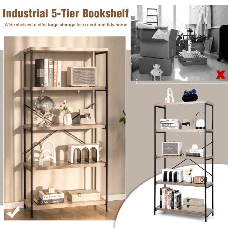 5-Tier Industrial Bookshelf Display Storage Rack with Metal Frame-GrayCostway Gallery View 5 of 10